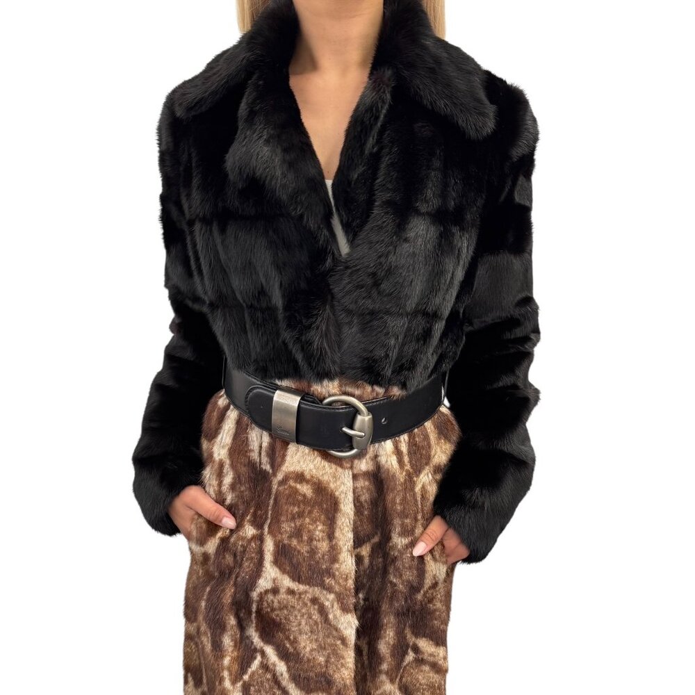GUCCI Vintage Logo Belted Fur Leopard Long Coat Jacket #40 Black Brown [106076]